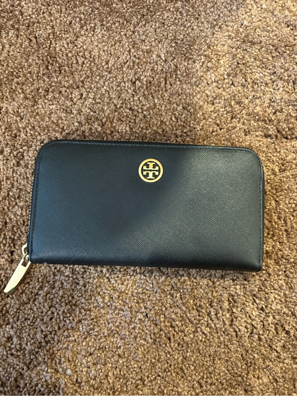 Tory Burch Black Saffiano Zip Wallet with Gold Logo